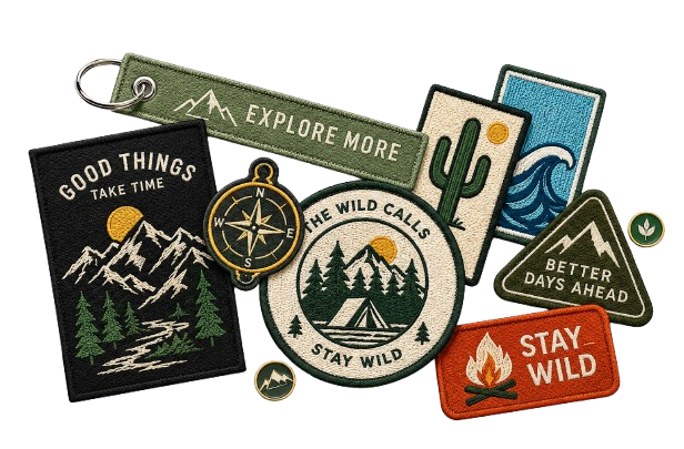 Custom embroidered patches, keychains and pins