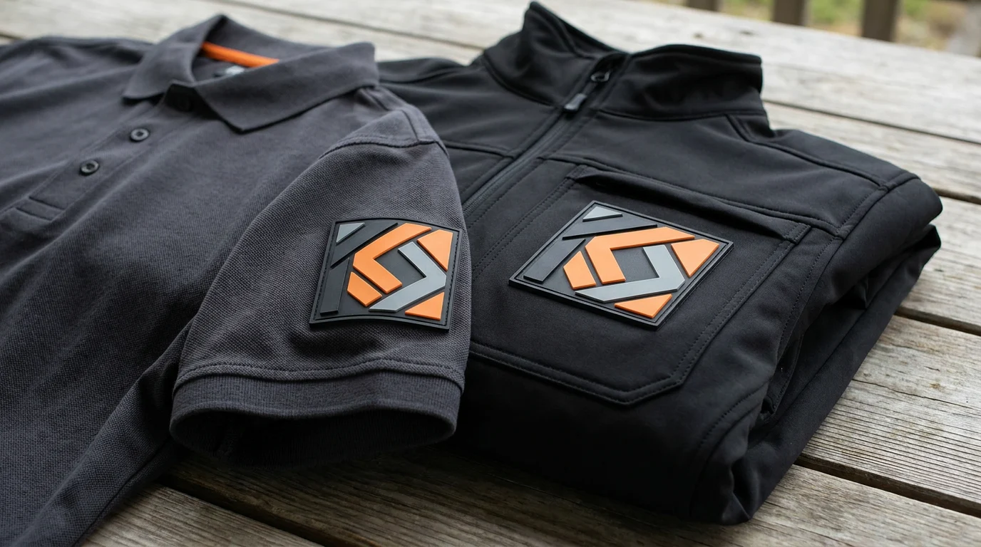 Flat 2D PVC patches applied to workwear and a security jacket