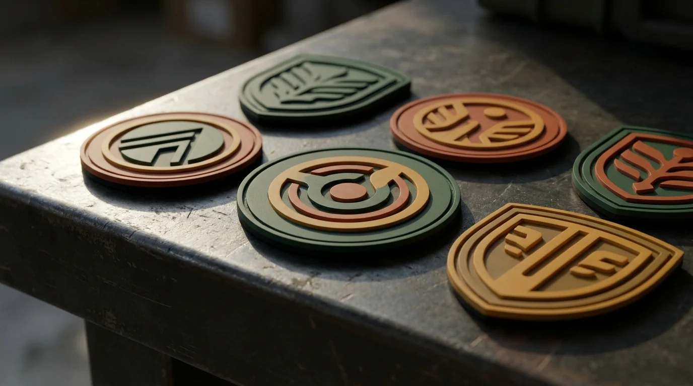 Flat-topped 2D PVC patches arranged on a dark workbench