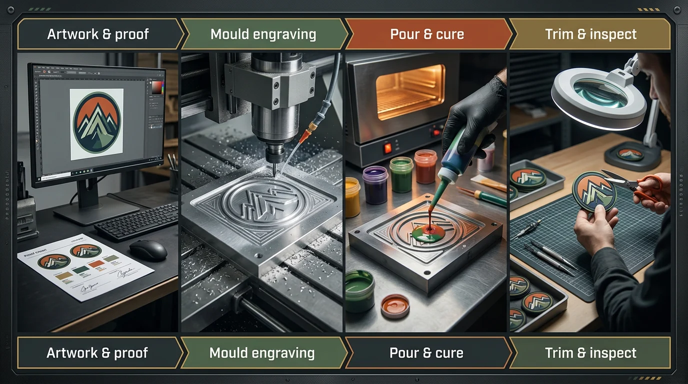 Four-stage production process for a 2D PVC patch: artwork and proof, mould engraving, pour and cure, trim and inspect